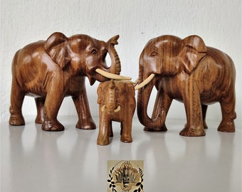 Hölzerne Elefantenfamilie schnitzen, Elefantenfamilie Statue, Baby Elefant, Elefant Mama & Papa, 3 in 1 Elefant, Elefantenfigur, Wohnkultur