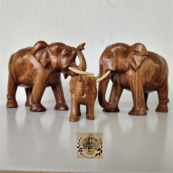 Wooden Elephant Family Carving, Elephant Family Statue, Baby Elephant, Elephant Mom & Dad, 3 in 1 Elephant, Elephant Figurine, Home Decor