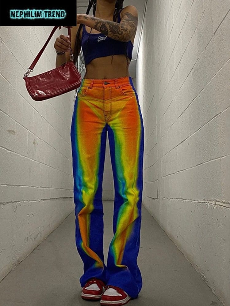 Neon Print High Waist Punk Pants Y2k 