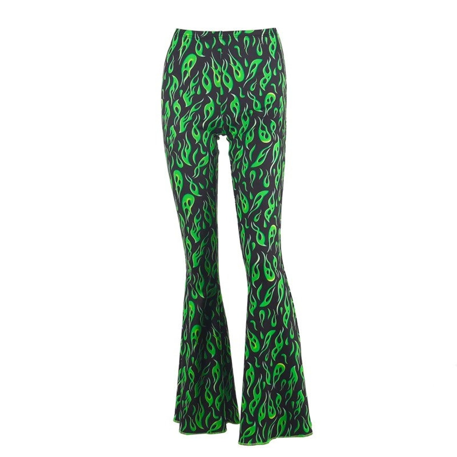 Green Fire Printed Flare Pants High Waist Punk Gothic Pants Etsy