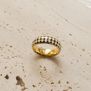 18k Gold Filled Slim Enamel Checkerboard Black and White Ring - Minimalist, Water and Tarnish Resistant, Gifts