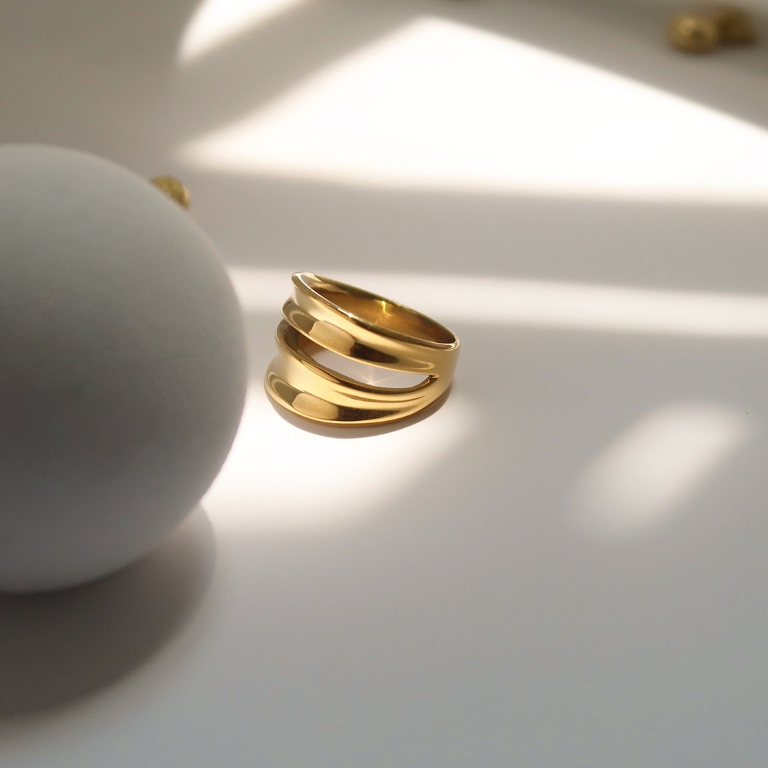 18K Gold Chunky Gold Ring Double Layered Gold Ring Band Ring Y2K