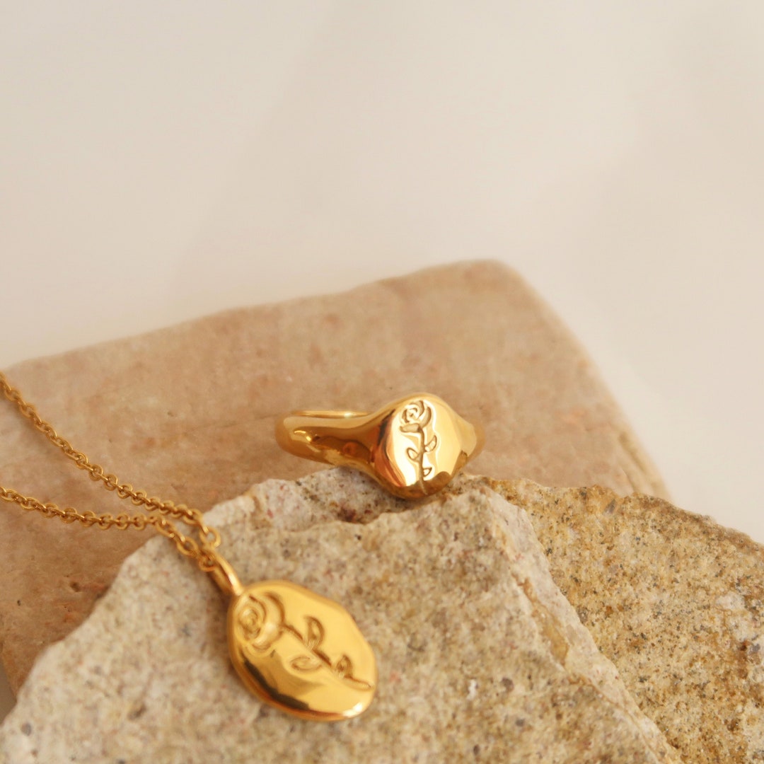 18K Gold Filled Pendant Necklace Gold Necklace Rose Floral Etsy