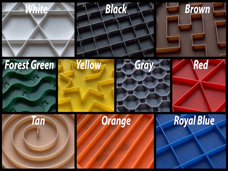 May include: A collection of 10 different colored silicone baking mats with various embossed patterns. The mats are labeled with their color: white, black, brown, forest green, yellow, gray, red, tan, orange, and royal blue.