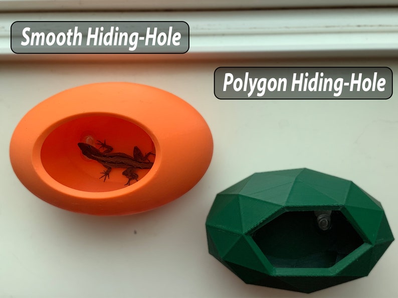 May include: Two hiding holes for small reptiles, one smooth orange and one green with a geometric design. The text "Smooth Hiding-Hole" is above the orange hole and "Polygon Hiding-Hole" is above the green hole.