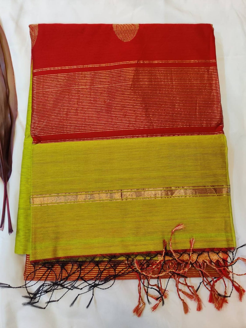 Kalash Buti light weight Cotton Silk Maheshwari hand woven Saree with pico fall and Blouse Stitching for casual wear