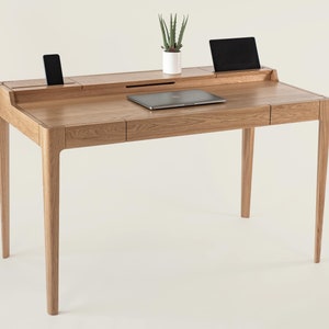Solid Wood Writing Desk with Drawer and Cable Management Scandinavian Mid Century Modern Large Desk Walnut & Oak NOVA DESK image 2