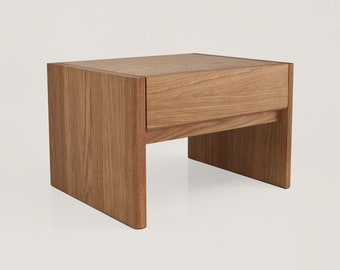 Modern Wood Nightstand with Drawer | Solid Oak & Walnut Side Table | Scandinavian Waterfall End Table | Mid-century Modern Low Nightstand