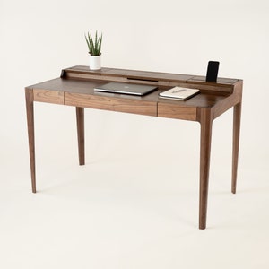 Solid Wood Writing Desk with Drawer and Cable Management Scandinavian Mid Century Modern Large Desk Walnut & Oak NOVA DESK image 1