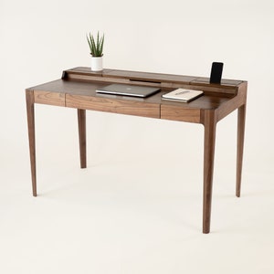 Solid Wood Writing Desk with Drawer and Cable Management | Scandinavian Mid Century Modern Large Desk | Walnut & Oak | NOVA DESK