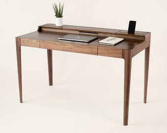 Solid Wood Writing Desk with Drawer and Cable Management | Scandinavian Mid Century Modern Large Desk | Walnut & Oak | NOVA DESK