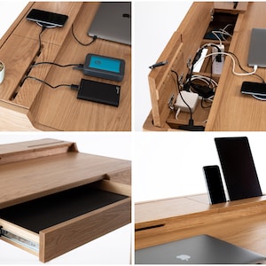 May include: A wooden desk with a built-in charging station and a drawer. The desk has a light wood finish and features a hidden compartment for cords and power adapters. The desk also has a built-in phone and tablet holder.