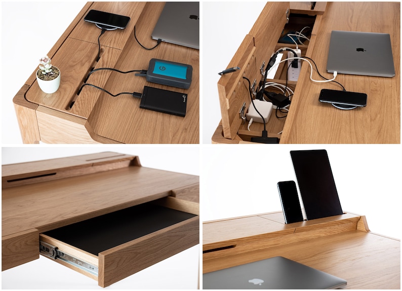 May include: A wooden desk with a built-in charging station and a drawer. The desk has a light wood finish and features a hidden compartment for cords and power adapters. The desk also has a built-in phone and tablet holder.