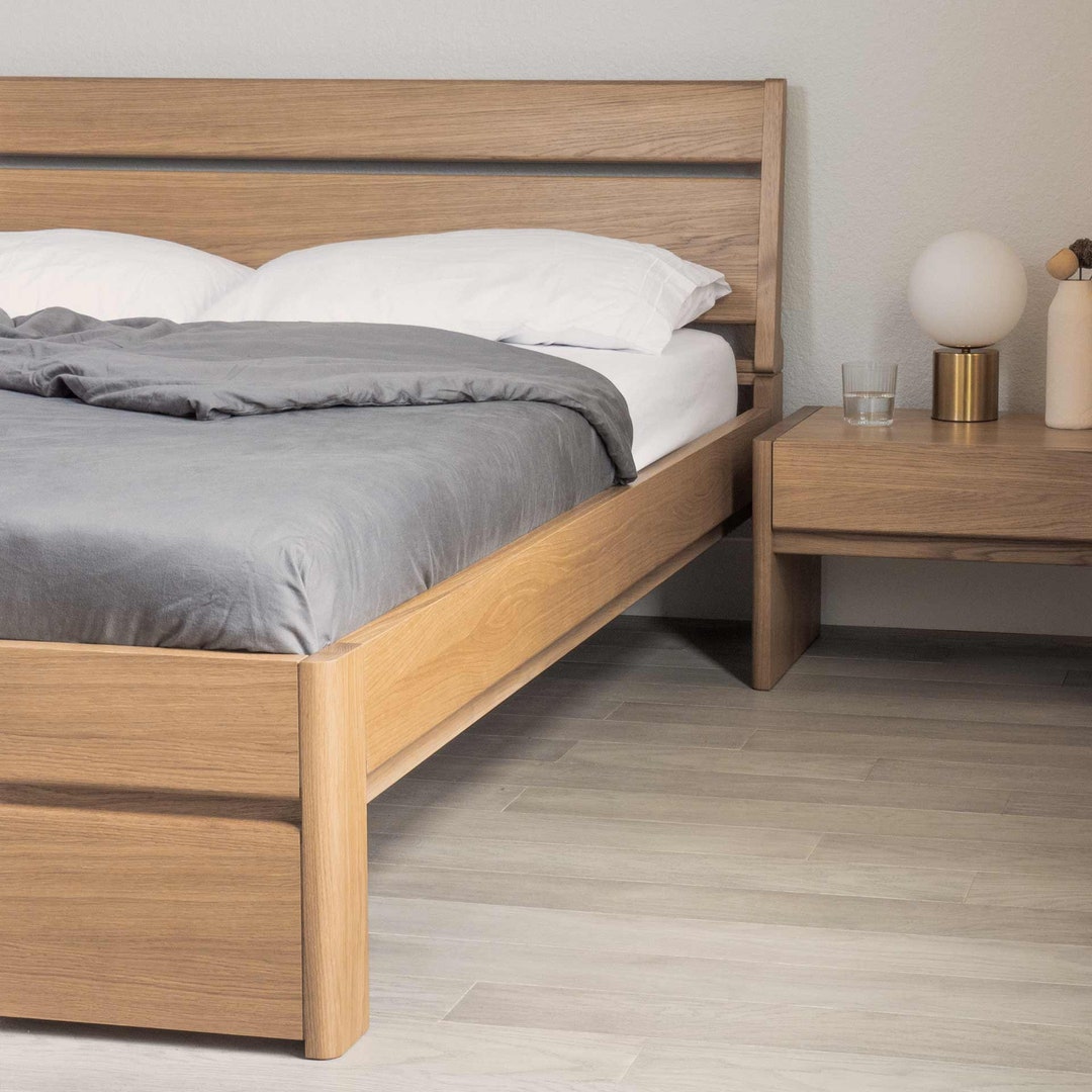 Modern Wood Bed Frame With Storage and Headboard Solid Oak & Walnut
