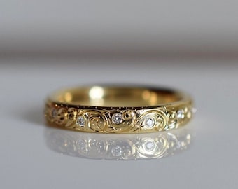 Vintage Art Deco Ring, Round Cut Moissanite Wedding Band, 14K Solid Gold Engagement Band, Vintage Style Stackable Band, Anniversary Band