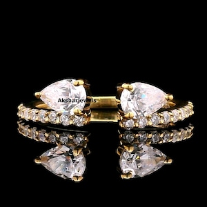 Two Stone Wedding Ring, Half-Eternity Diamond Ring, Dainty Ring, Pear & Round Cut Moissanite Ring, Prong Set Ring, Open Cuff Ring, 10K Gold