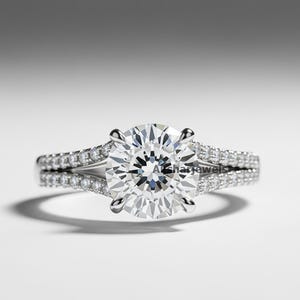Solitaire With Accent Wedding Ring, Split Shank Engagement Ring, Round Shape Moissanite Ring, 925 Silver Ring, Prong Set Ring, Promise Ring