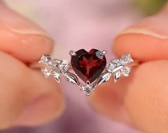 Leaf Inspired Wedding Ring, V Shaped Chevron Ring, Heart & Round Shape Engagement Ring, Red Ruby Gemstone Ring, Minimalist Ring, 925 Silver