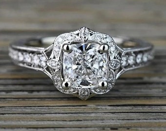 Vintage Style Cushion Cut Moissanite Anniversary Ring, Edwardian Halo Bridal Set Ring, Art Deco Ring, 925 Sterling Silver Engagement Ring