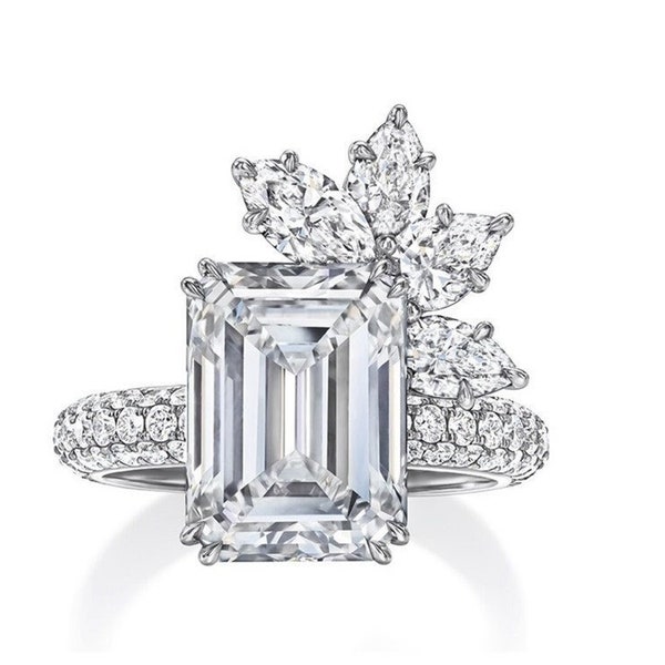 Harry Winston 'Bridal Coucher' Emerald Cut Moissanite Ring, Cluster Marquise And Pear Diamond Ring, 925 Sterling Silver Engagement Ring