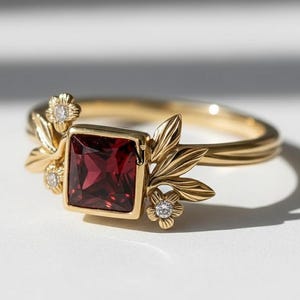 May include: A gold ring featuring a square, deep red gemstone. The ring is adorned with gold floral and leaf accents, and small, sparkling diamonds. The ring is set against a white background, with shadows adding depth.
