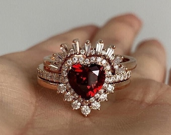Heart Shape Ruby Diamond Engagement Ring, Trio Ring Set, Halo Diamond Ring, Curved Wedding Band, V Shaped Band, 14K Solid Gold Ring Set