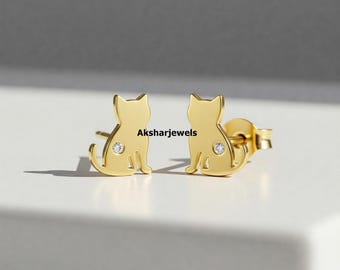 Pendiente de gatito pequeño, pendiente de diamante redondo, pendiente de inspiración animal, pendiente con cierre de rosca, regalo para amantes de los gatos, pendiente de plata 925