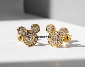 Tiny Mickey Mouse Earring, Disney Minnie Mickey Mouse Earring, Round Cut Earring, Bezel Set Earring, Screw Back Earring,Diamond Stud Earring