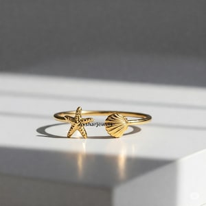 Seashell Starfish Ring, Open Cuff Ring, Ocean Sea Shell Ring, Adjustable Ring, Beach Jewelry, Gift For Her, Minimalist Ring, 10K Gold Ring