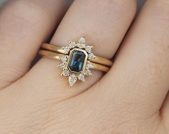 Art Deco Bridal Ring Set, Emerald & Pear, Round Cut Wedding Ring, Blue Sapphire Gemstone Ring, Chevron Band  Engagement Ring, Bezel Set Ring