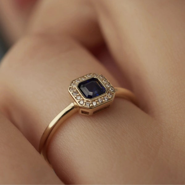 Blue Sapphire Ring, Asscher Cut Diamond Engagement Ring, Bezel Set Ring, Halo Wedding Ring, 14K Solid Gold Ring, Promise Ring For Women