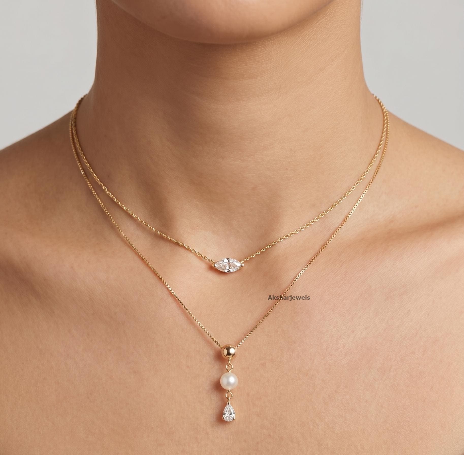 Lab-Grown Diamond & Pearl Necklace Minimalist Gold Layered Jewelry Dainty Pendant Necklace Ethical Fine Jewelry Gift for Women