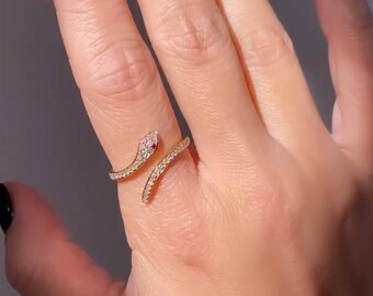 Verlovingsring in snackstijl, open manchetring, roze robijnrode edelsteenring, rond geslepen trouwring, verstelbare ring, minimalistische ring, 14 kg gouden ring