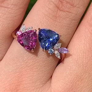 Open Cuff Wedding Ring, Vintage Cluster Ring, Multi Color Gemstone Ring, Multi Shape Engagement Ring, Adjustable Ring-For Her, 14K Gold Ring