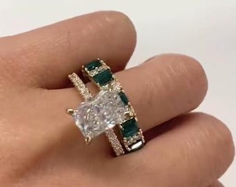 Solitaire With Accent Engagement Ring, Green Emerald Gemstone Ring, Radiant & Round Shape Diamond Ring, Eternity Bridal Set Wedding Ring