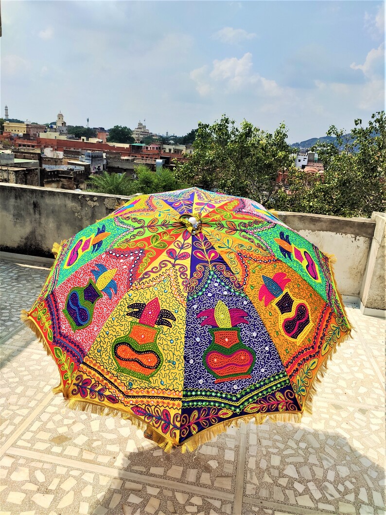 Decorative Large Umbrella Sun Shade Cotton Outdoor Parasol Embroidered Garden Umbrella Multi color Parasol Home Decor image 4