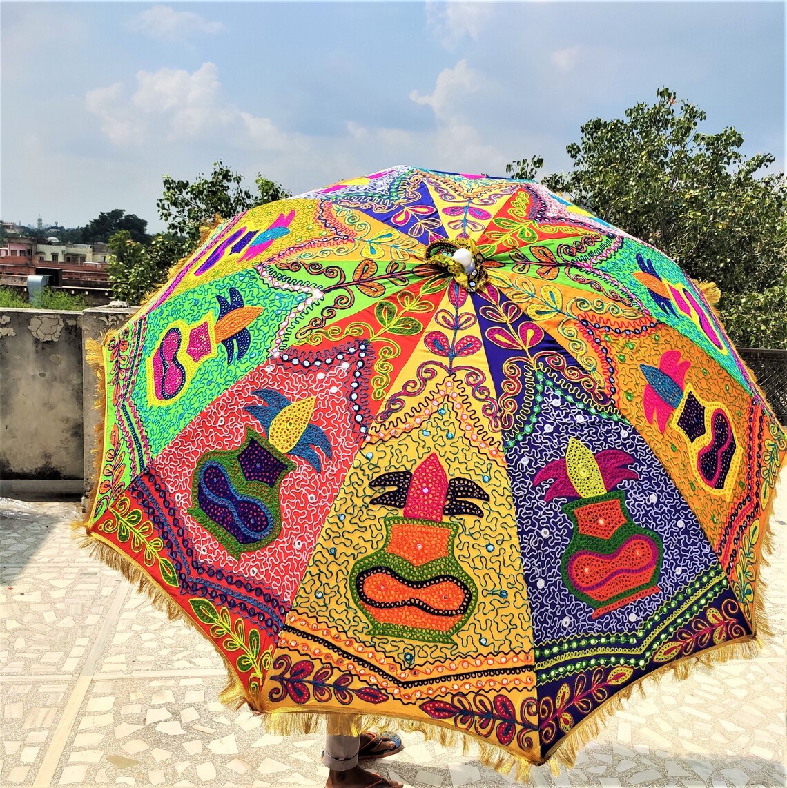 Decorative Large Umbrella Sun Shade Cotton Outdoor Parasol Embroidered
