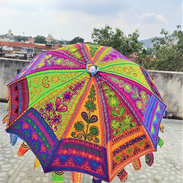 Designer Large Umbrella Embroidered Umbrella Sun Shade Cotton Parasol Outdoor Cotton Garden Umbrella Multi color Parasol