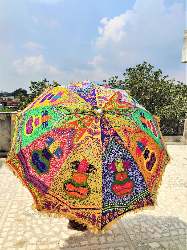 Decorative Large Umbrella Sun Shade Cotton Outdoor Parasol Embroidered Garden Umbrella Multi color Parasol Home Decor image 2