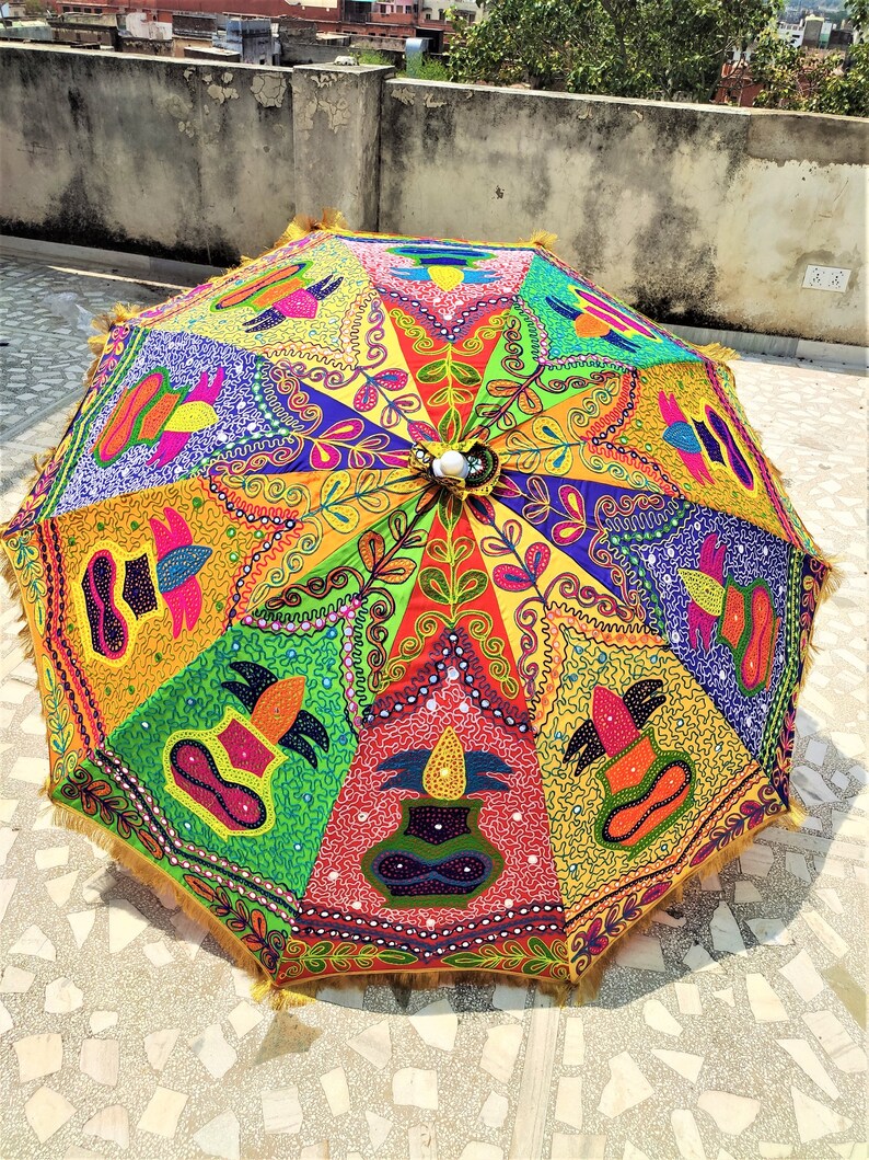 Decorative Large Umbrella Sun Shade Cotton Outdoor Parasol Embroidered Garden Umbrella Multi color Parasol Home Decor image 5