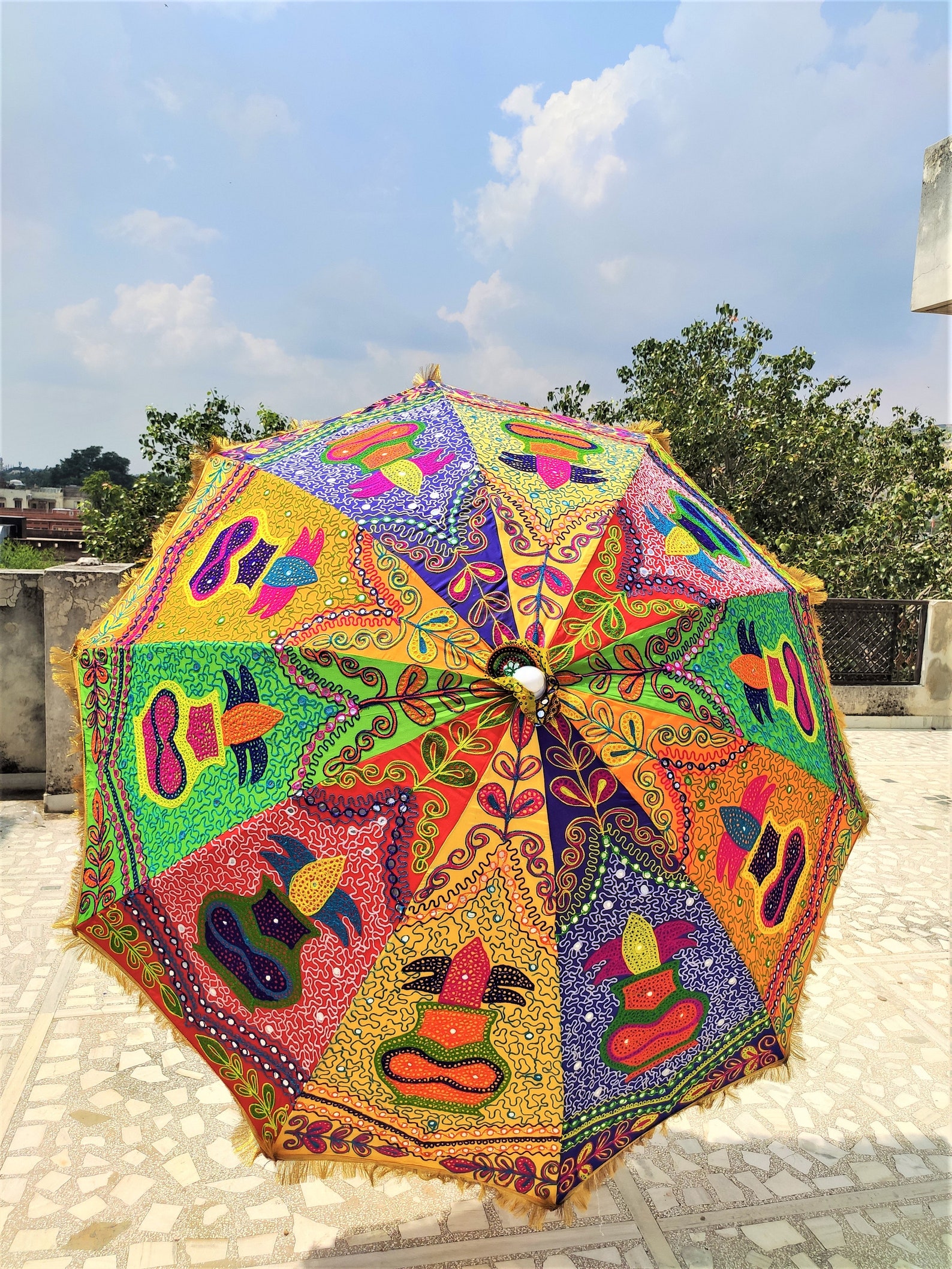 Decorative Large Umbrella Sun Shade Cotton Outdoor Parasol Embroidered Garden Umbrella Multi