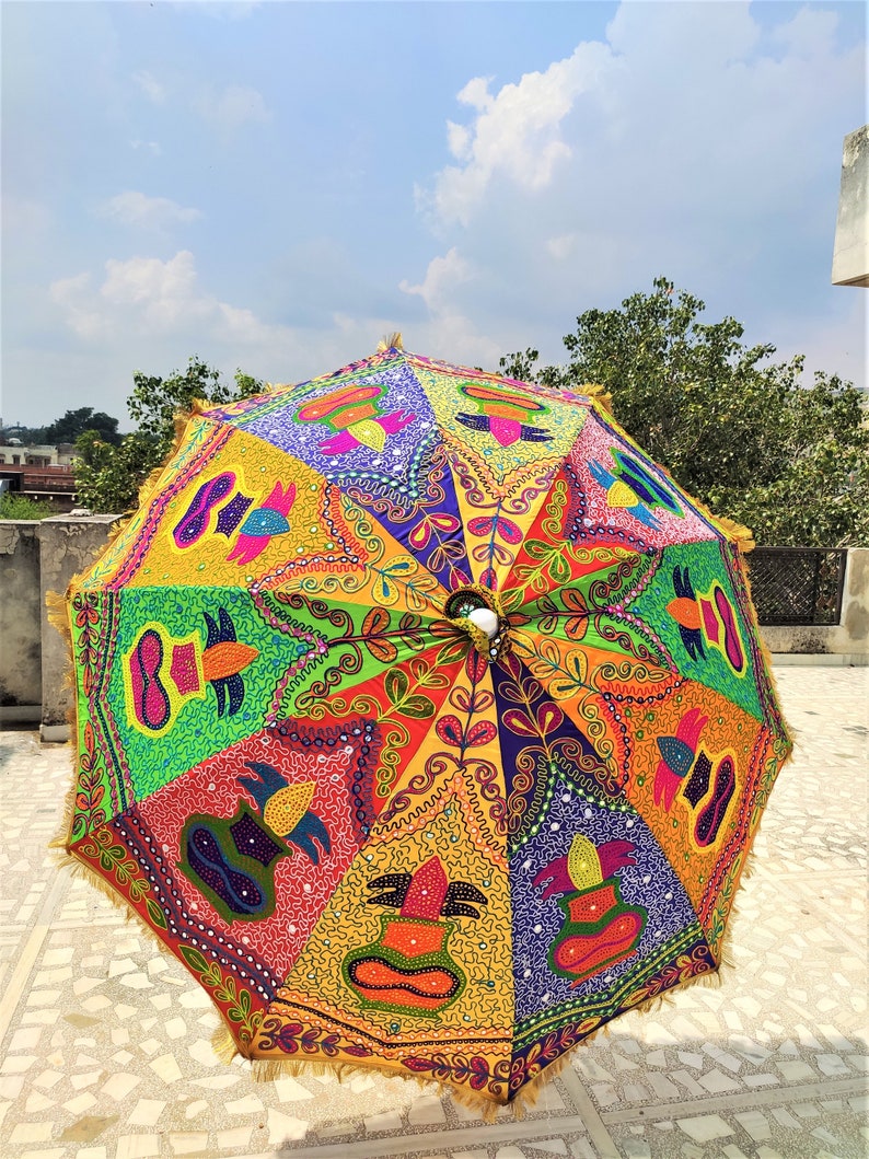 Decorative Large Umbrella Sun Shade Cotton Outdoor Parasol Embroidered Garden Umbrella Multi color Parasol Home Decor image 3