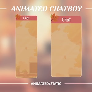 Op de afbeelding: Geanimeerde chatbox met een herfstthema. De chatbox heeft een rode kop met het woord "Chat" en een klein oranje blad. De achtergrond is een wazige afbeelding van een herfstsc&egrave;ne met oranje en gele bladeren.