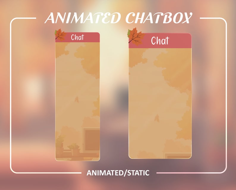 Op de afbeelding: Geanimeerde chatbox met een herfstthema. De chatbox heeft een rode kop met het woord "Chat" en een klein oranje blad. De achtergrond is een wazige afbeelding van een herfstsc&egrave;ne met oranje en gele bladeren.