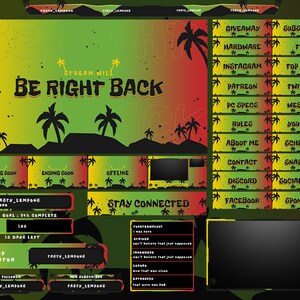 May include: A green, yellow, and red Twitch stream overlay with a tropical theme. The overlay features a palm tree design, the text "Stream Will Be Right Back", and a donation goal bar. The overlay also includes a variety of social media links and buttons.