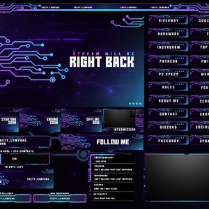 Neon Cyberpunk Twitch Overlay Package for OBS/Tech/Futuristic/Purple/Blue/Cyber/