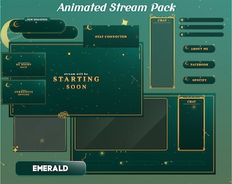 Celestial Deep Emerald Green Twitch Overlay Package for OBS/VTuber/Animated/Aesthetic/Cosmic/Ambience/Fantasy/Pastel/Dark Green/