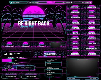 May include: A retro-themed Twitch stream overlay with a pink and blue color scheme. The overlay features a grid pattern, palm trees, and the text "BE RIGHT BACK Stream Will".