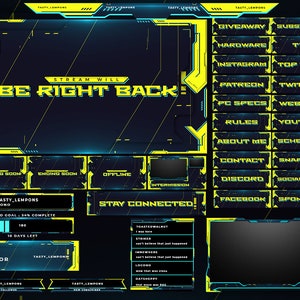 Cyberpunk Animated Twitch Overlay Package : Webcam, Screens, Panels, Alerts, Transition and Streamlabs Widgets