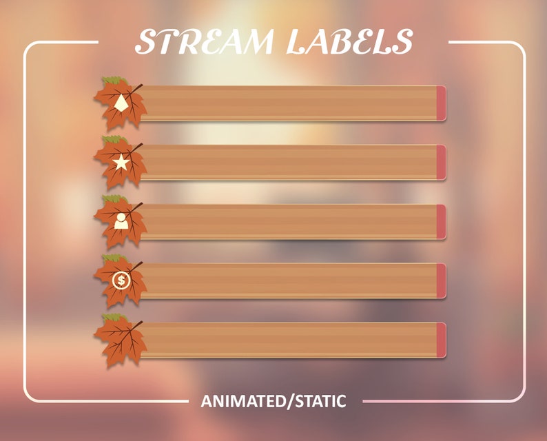 Op de afbeelding: Vijf houten streamlabels met herfstbladeren en pictogrammen. De pictogrammen zijn een driehoek, een ster, een persoon, een dollarteken en een blad. De tekst "STREAM LABELS" staat bovenaan en "ANIMATED/STATIC" onderaan.